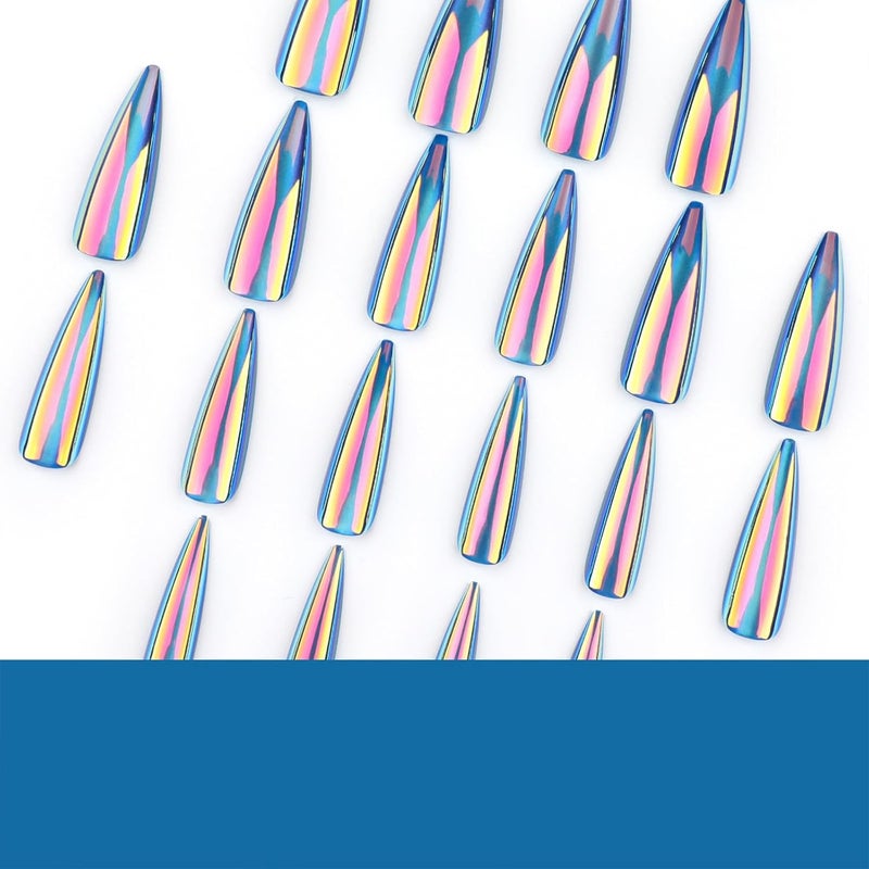 SINHOT Stiletto Press on Nails Long - Long Fake Nails, Glossy Finish, Blue Cat Eye & Chrome, DIY Artificial False Nail Art - 24 Pcs Nail Kit with Glue - Image 4